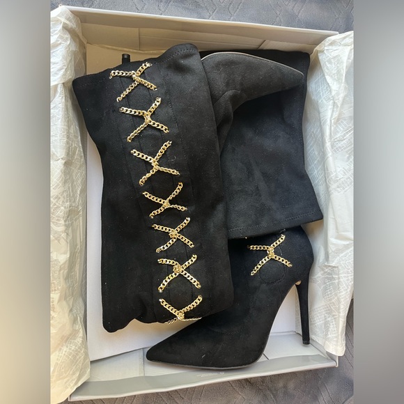 J.Lo Jennifer Lopez Ayana otk over the knee boot black gold chain - Picture 4 of 7